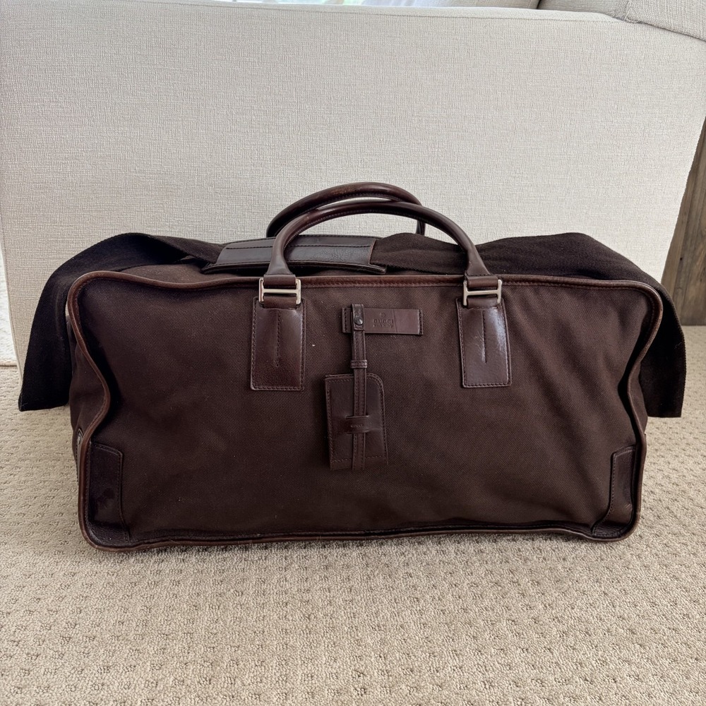 Gucci Brown Canvas Leather Trim Duffle Weekend Travel Bag Large GG Liner Italy